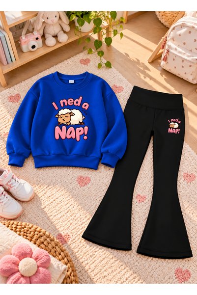 LORVEX Girls' Flared Leggings Set with Printed Crew Neck Sweatshirt—3-Ply Bru...