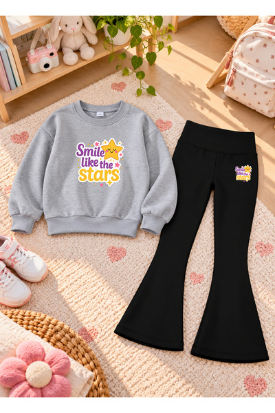 LORVEX Girls' Flared Leggings Set with Printed Crew Neck Sweatshirt—3-Ply Bru...