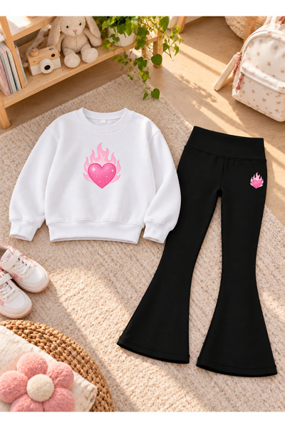 VODEXA Girls' Flared Leggings Set with Crew Neck Printed Sweatshirt—3-Ply Bru...