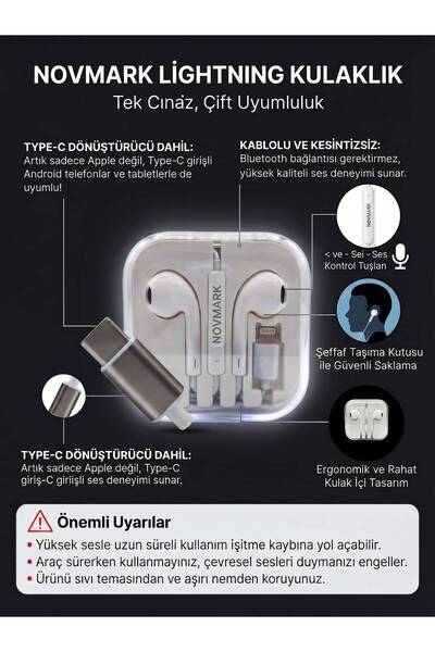 NovMark Lightning & Type-C Dönüştürücülü Kablolu Mikrofonlu Kulaklık – iPhone...