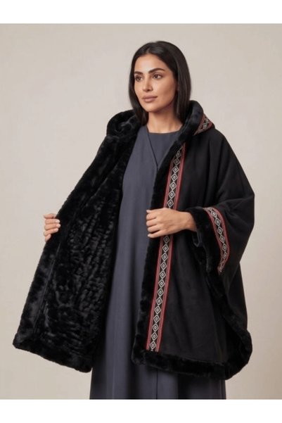 Abaya-AB معطف شتوي نسائي اسود بفرو اسود أنيق – جاكيت شتوي فخم