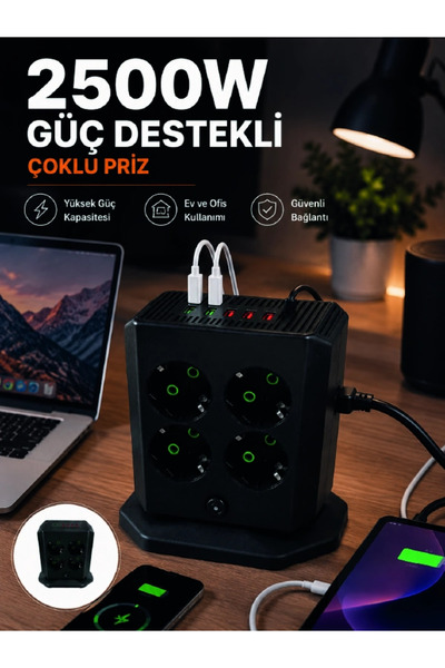 Cetiner Group Mey i̇thalat® multi-socket 8 outlet 4 usb 2 type-c switched ver...