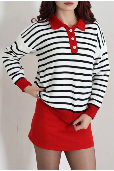 DAMGA Collection Women's Long-Sleeve Knitted Sweater with a Buttoned Polo Collar