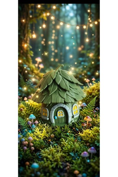 11.5cm 3D Tasarım Dekoratif Yaprak Çatılı Peri Evi / Minyatür Masal Evi / Oda, Masa ve Kitaplık Süsü