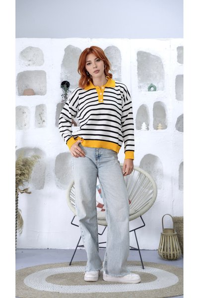 ixoskids club Women's Yellow Polo Collar Black-and-White Striped Knit Sweater