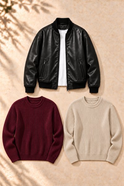 legends butik Set de 3 piese pentru bărbați – Jachetă bomber din piele cu dou...