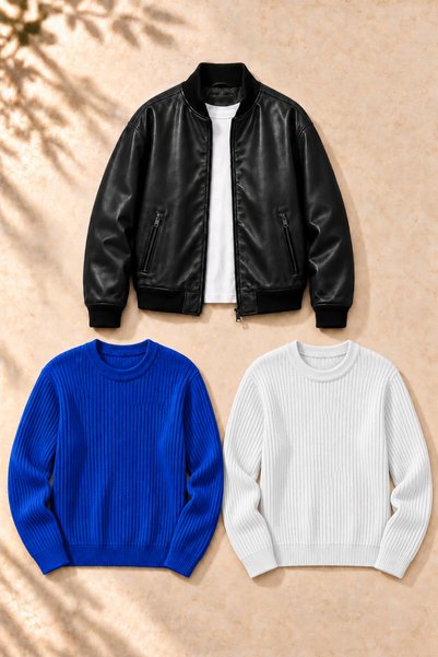 legends butik Set de 3 piese pentru bărbați – Jachetă bomber din piele cu dou...
