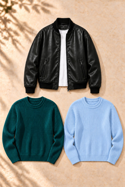 legends butik Set de 3 piese pentru bărbați – Jachetă bomber din piele cu dou...