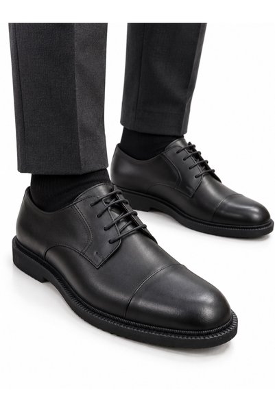 By Sabit Genuine Leather, Extra-Large Size, Men's Classic Shoes, Black, Lace-Up