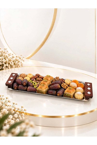 Generic Brand 36X12Cm Long Thin Silver Steel Serving Tray with Wooden Handle ...
