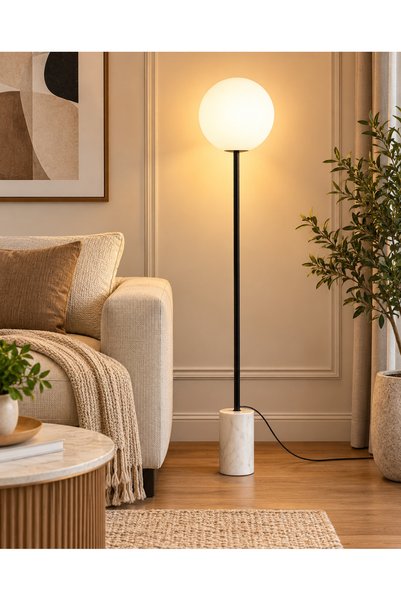 N.zone Modern Luxury Ball Design White Glass Shade Floor Lamp with Marble Eff...