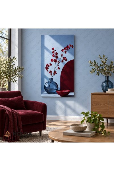 HOLDA Props Dikey Panoramik Kanvas Tablo Mavi Vazoda Bordo Çiçekler Modern Na...