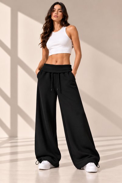 dwnwear Women's Curved-Waist, Wide-Leg Sweatpants with Adjustable Legs and Po...