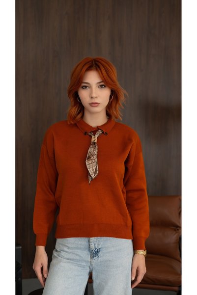 ixoskids club Women's Cinnamon-Colored Polo Collar Sweater with Scarf Detail