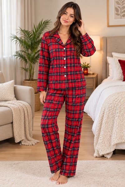ŞIK VE MUTLU Plaid Striped Pajama Set (Top and Bottom)