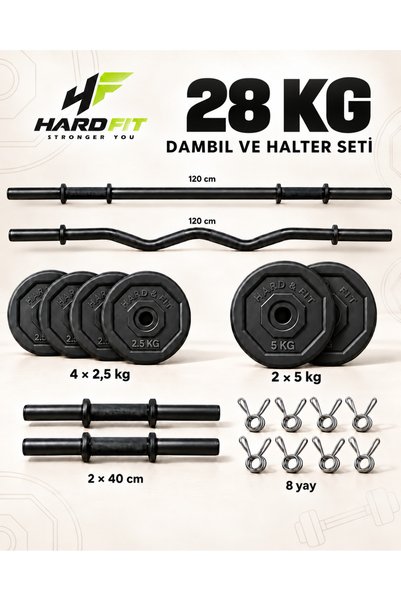hard & fit 28 kg Z Barlı Dambıl ve Halter Seti – 120 cm Uzun Bar