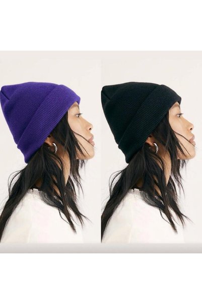 TNR SPORT Unisex Foldable Purple-Black Two-Piece Beanie Set