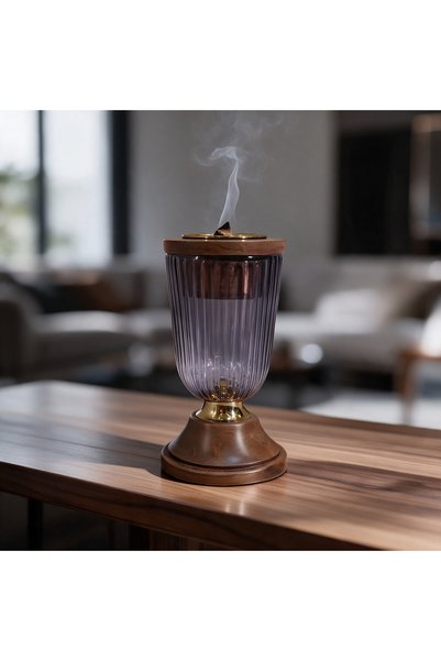 Generic Brand Hindi Glass Purple Incense Burner with Wooden Base