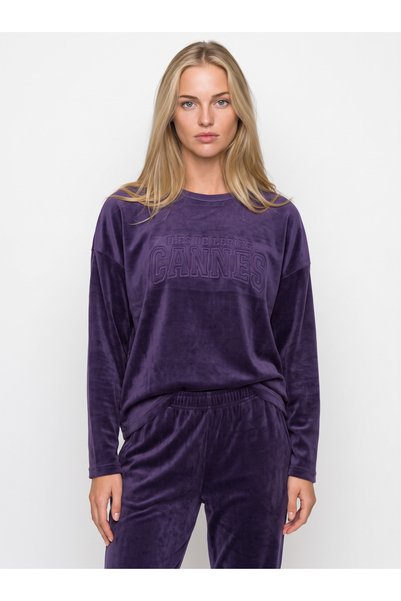 PİJAMANGEL WOMEN'S LONG-SLEEVED VELVET PAJAMA SET, STRAIGHT-LEG, PURPLE