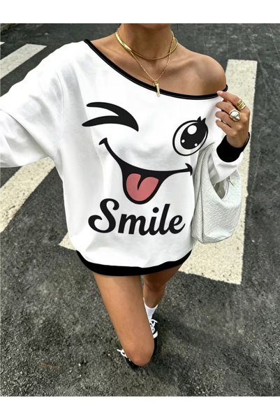 OVER HEAD Hanorac pentru femei cu imprimeu „Smile”, în color block și cu umer...
