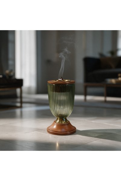Generic Brand Hindi Green Olive Glass Incense Burner with Wooden Base