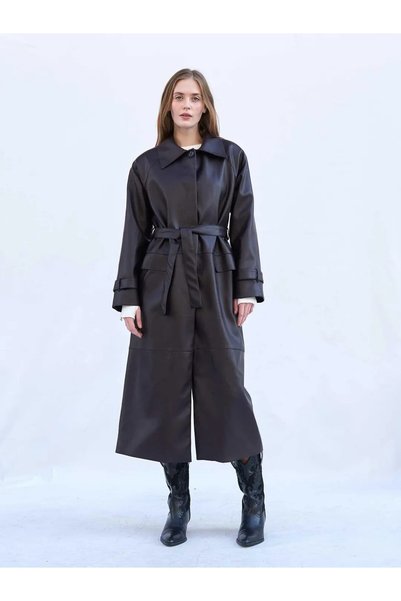 Womengrom Women's Black Soft Leather-Belted Maxi Trench Coat - Oversized Butt...