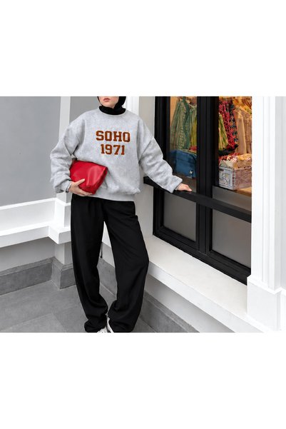 Hepsi Moda Crew Neck Embroidered Sweatshirt - 5940 - Gray (ÖS)