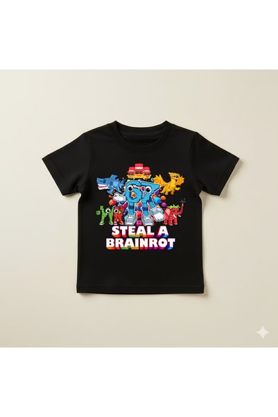matelio Tricou Negru pentru Băieți cu Imprimeu Steal a Brainrot, Personaje Co...