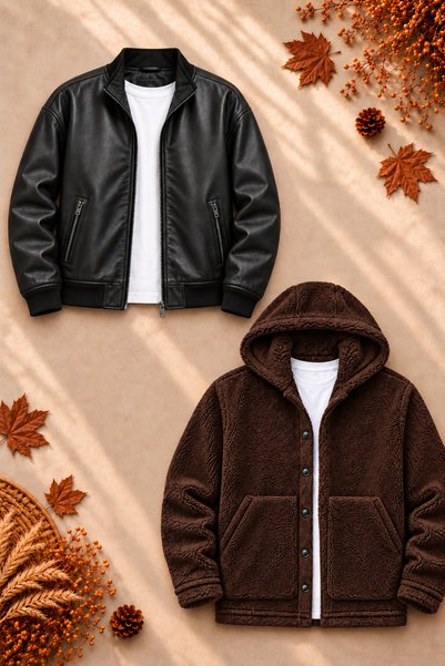 legends butik Men's 2-Piece Jacket Set – Double-Pocket Leather Bomber Jacket ...