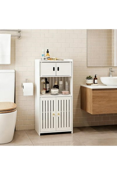 GENERAL Bathroom Storage Cabinet, 4-Tier White Floor Cabinet Freestanding Org...