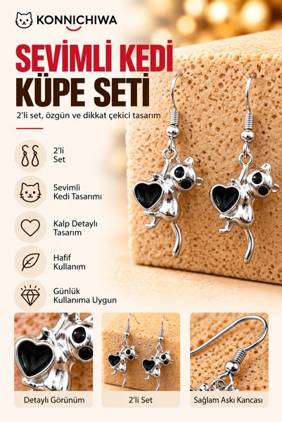 FG KONNİCHİWA Cute Cat-Shaped Earring Set (Set of 2) – Available in Black and...