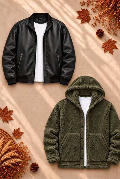 legends butik Men's 2-Piece Jacket Set – Double-Pocket Leather Bomber Jacket ...
