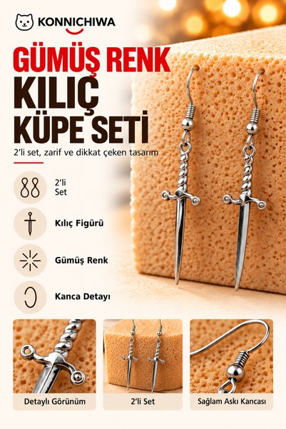 FG KONNİCHİWA Silver-Colored Sword-Shaped Dangle Earring Set (Set of 2) A SHA...