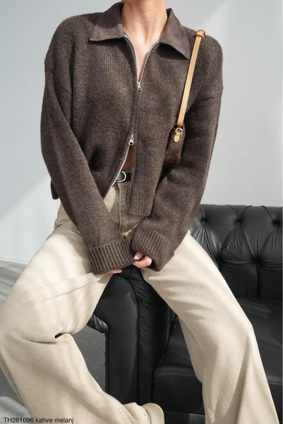 CADDELAMODA Women's Premium Cardigan with a Collar and Double Zippers