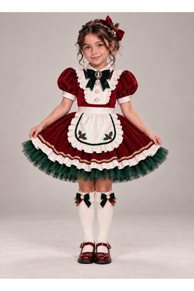 PRİNCESS Girls' Burgundy New Year's Ruffled Apron with Detailed Balloon Sleev...