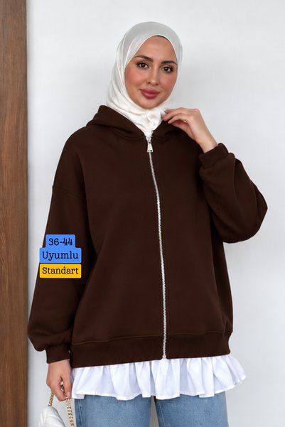 Mogi Butik Women's 3-Thread Fleece-Lined Hooded Modest Basic Cardigan with Ru...