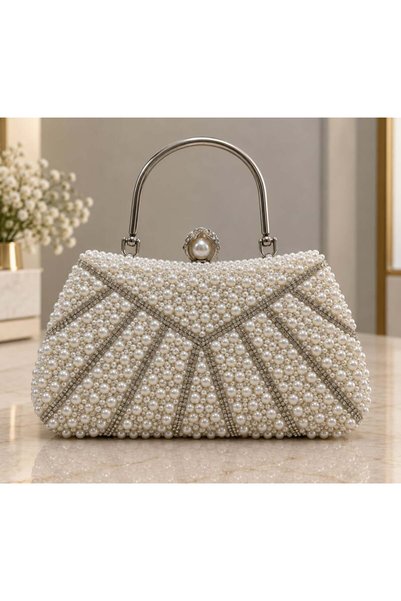 Other Luxury Silver Evening Bag with White Pearls