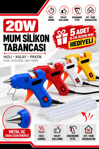 Fevito 20W Sıcak Silikon Tabancası – 5 Adet 15 cm Silikon Mum Hediyeli, Elekt...
