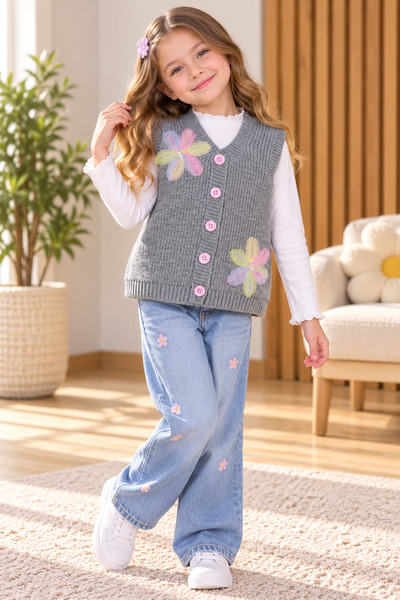 SERPİL Girls' Floral Print Knitted Vest – A Stylish Everyday Outfit with Pink...