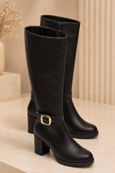 SHESTORE Oval-Toed, Buckle-Fastened, Side-Zippered, Leather-Look Heeled Women...