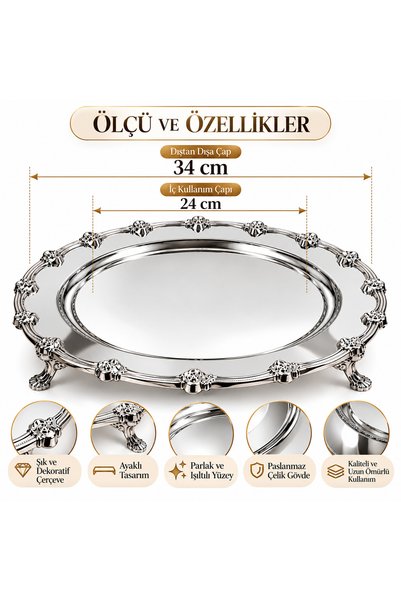 Simply Now Framed Round Metal Wedding and Engagement Tea and Coffee Serving Tray with Polished Finish and Round Legs, 34 cm – Silver/Silver