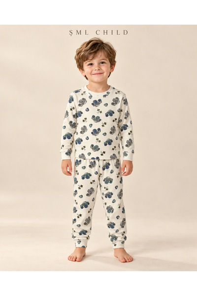 Erkek Çocuk %100 Pamuklu Ekru Mavi Araba Desenli Uzun Kollu Bisiklet Yaka 2'li Pijama Takımı