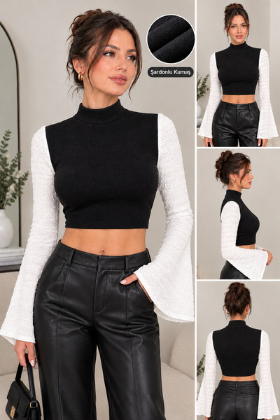 Olyssia Bluză crop pentru femei, flaușată pe interior, cu guler pe jumătate t...