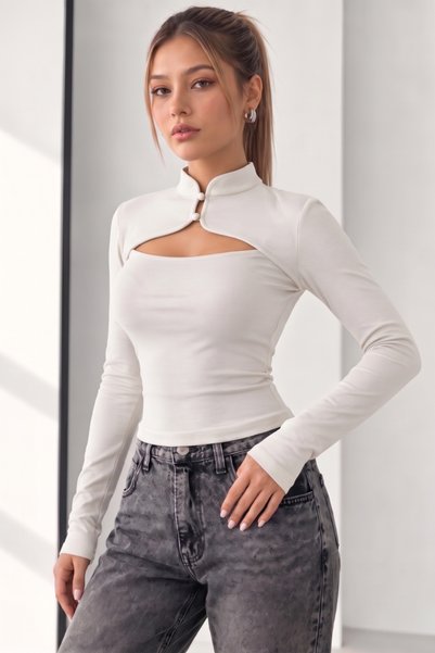 fablair Women's Stretchy Blouse with a Mock Neck, Plunging Neckline, and Doub...