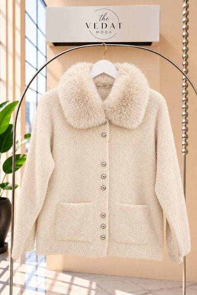 MODA VEDAT Women's Soft Cardigan with Fur Collar Detail and Beard -0630
