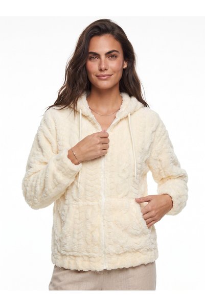 WeShaya Cream-Colored Hooded Zipper Plush Cardigan, Stretchy