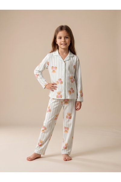 Elsima Girls' 100% Cotton Striped Pattern Teddy Bear Print Button-Front Shirt...