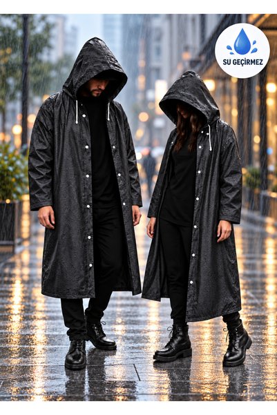faial Waterproof and Windproof Raincoat with Hood and Snap-Fastened Closures