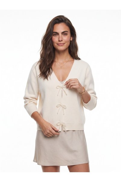 WeShaya Cream-Colored Knit Cardigan with Pearl-Embellished Bow Detail, Rib Kn...