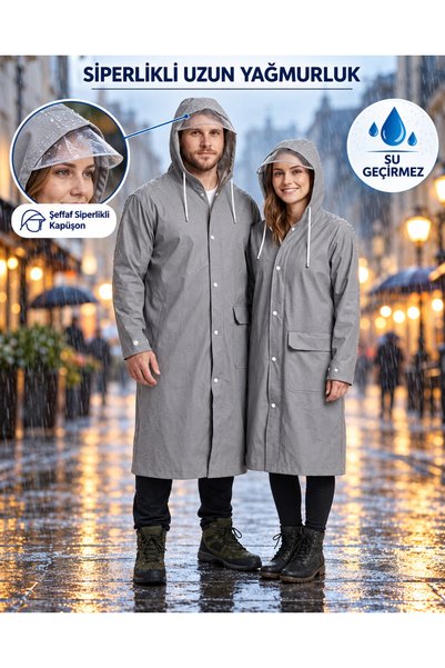 MUBX Long Raincoat with Hood and Flap, Waterproof, Single Pocket, Snap-Fasten...